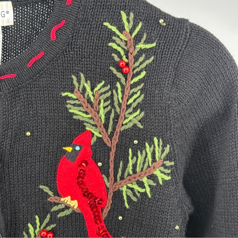 Small Black and Red Cardinal Cardigan Sweater Ugly Christmas Embroidered - Picture 2 of 7